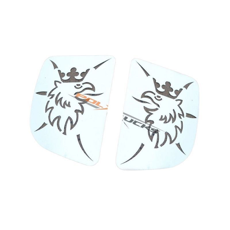 kit de deux habillages inox pour fenêtres arrière de cabine, gravés du célèbre logo Griffon pour Scania R ou Streamline kit de deux habillages inox pour fenêtres arrière de cabine, gravés du célèbre logo Griffon pour Scania R ou Streamline
