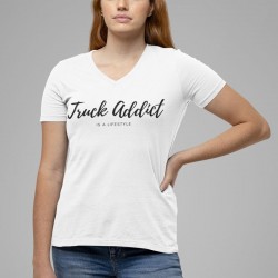 T-shirt femme blanc Truck Addict Modern Trucker - zoom sur l'imprimé en sérigraphie