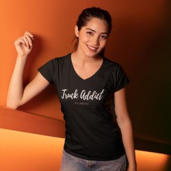 T-shirt femme noir : Truck Addict Modern Trucker  sur fond orange - Design mis en avant