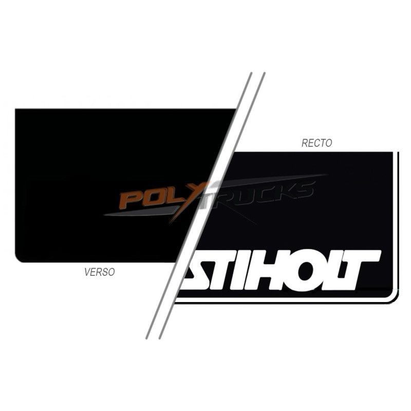 Bavette en caoutchouc noire Stiholt 60x35 cm avec marquage blanc contour blanc : vue avant et arrière Bavette en caoutchouc noire Stiholt 60x35 cm avec marquage blanc contour blanc : vue avant et arrière