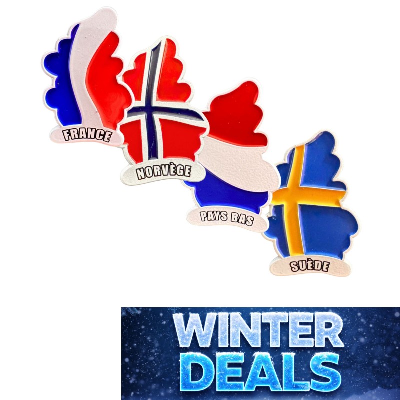 PACK 4 Pins sapin aux couleurs de la Suède, Pays Bas, Norvège et France.